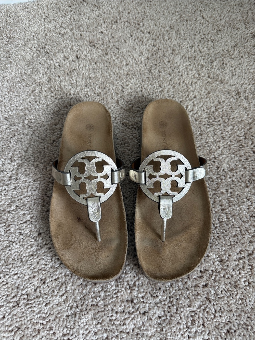 Tory Burch Cloud Sandals Metallic Champagne Color Logo